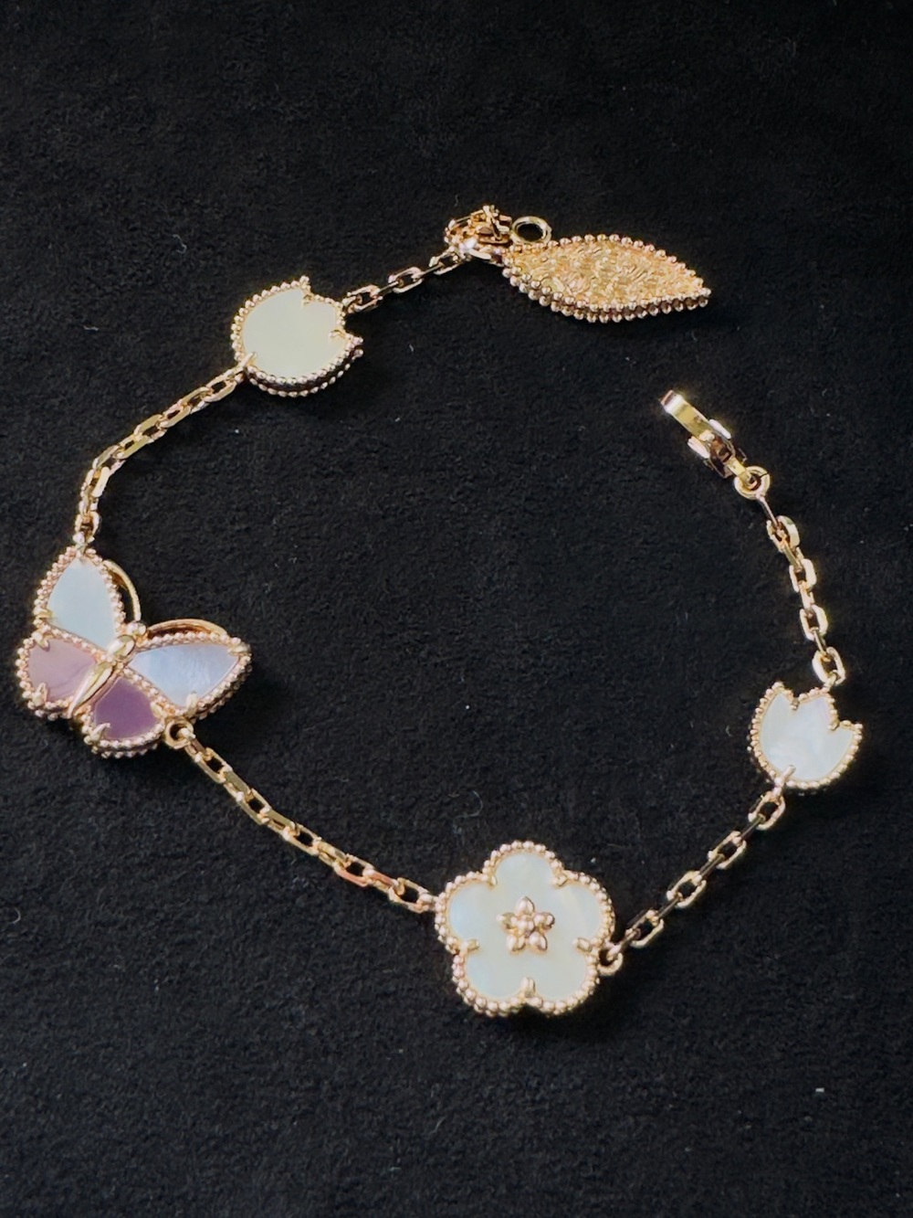 Gold Tone Mother-of-Pearl Butterfly & Flower Bracelet